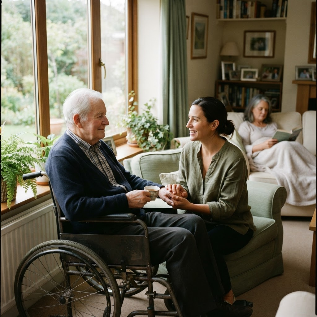 A caregiver sitting with an elderly man near a sunlit window while a family member relaxes