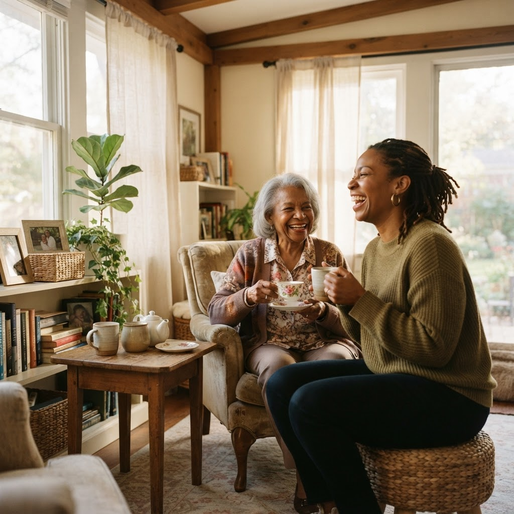 A caregiver and an elderly woman laughing together over a cup of tea at home